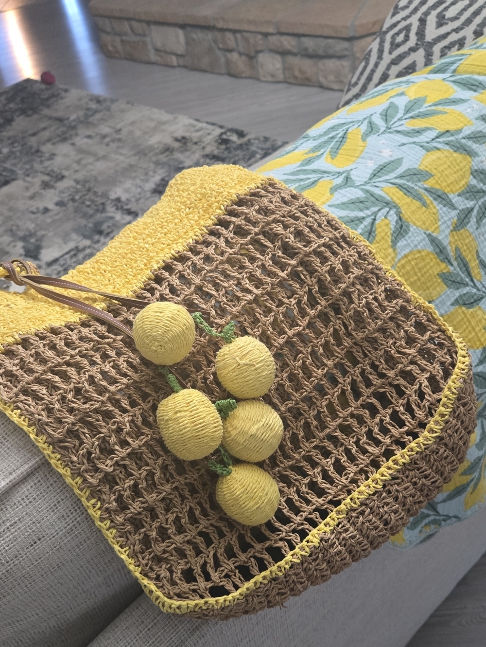 Anthropologie Yellow and Brown Woven Straw Crossbody Bag with Pom Pom Charm
